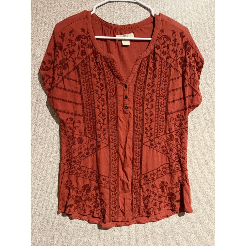 Bob Timberlake Womens Embroidered Henley Top Rust Terracotta Boho Blouse Medium